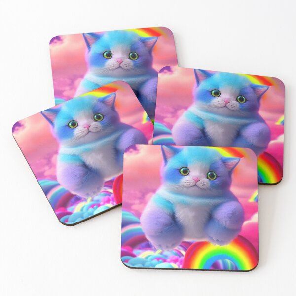 Item preview, Lavender kitten flying in the puffy cotton candy rainbow clouds designed and sold by MagicStrawberry.
