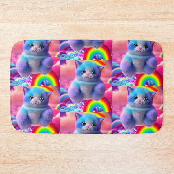 Item preview, Lavender kitten flying in the puffy cotton candy rainbow clouds designed and sold by MagicStrawberry.