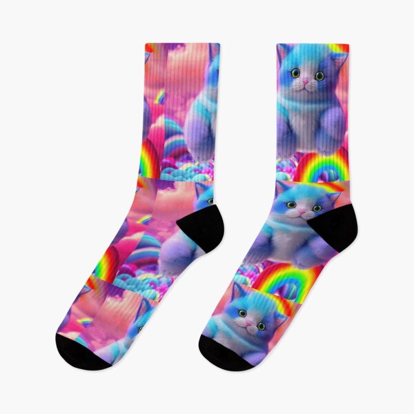 Item preview, Lavender kitten flying in the puffy cotton candy rainbow clouds designed and sold by MagicStrawberry.