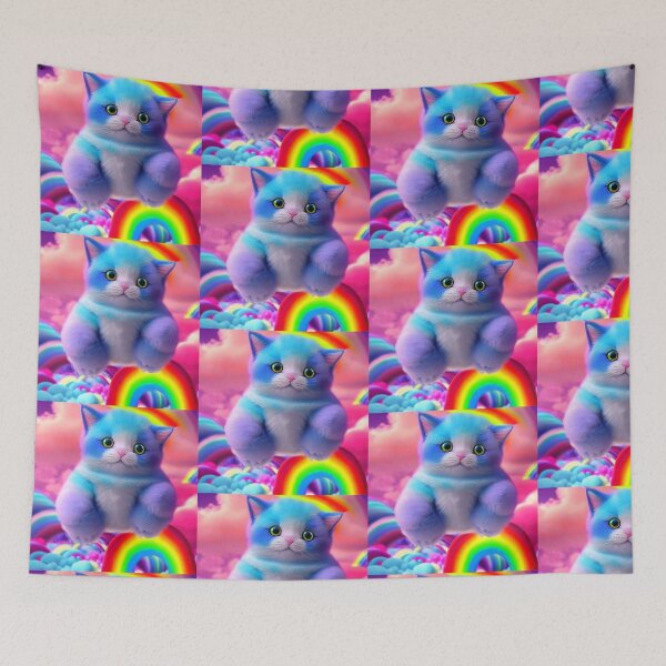 Item preview, Lavender kitten flying in the puffy cotton candy rainbow clouds designed and sold by MagicStrawberry.