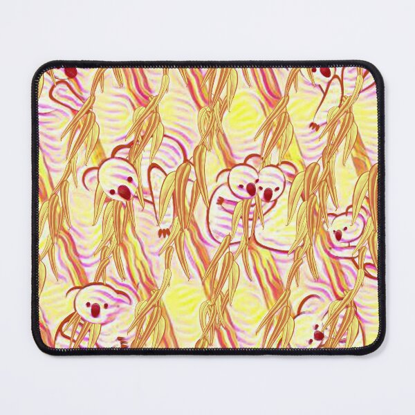 Item preview, koalas, day, forest, eucalyptus, leaves, trunks, floral print, rhombuses, red line, light, yellow, cute animals designed and sold by Maria Mihailova.