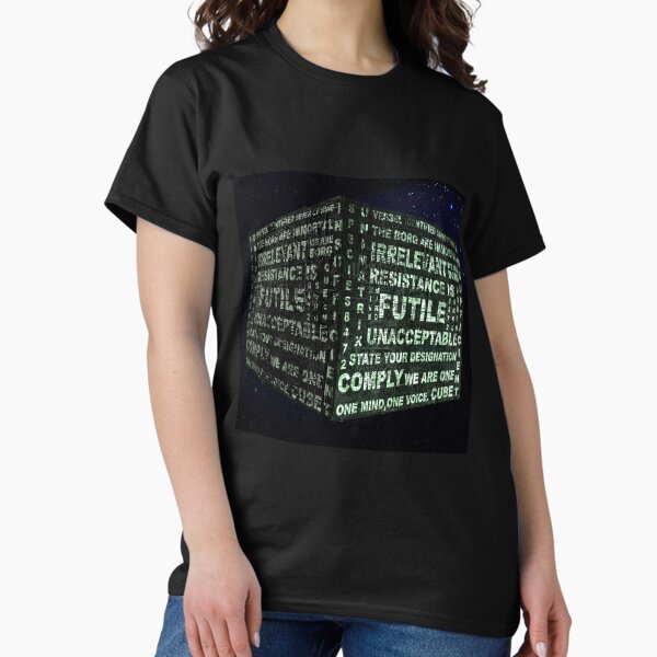 Aperçu de l'œuvre  version plus haute résolution pour les t-shirts. Design Borg Cube - rempli de mots liés à Borg créée et vendue par Space Pug.