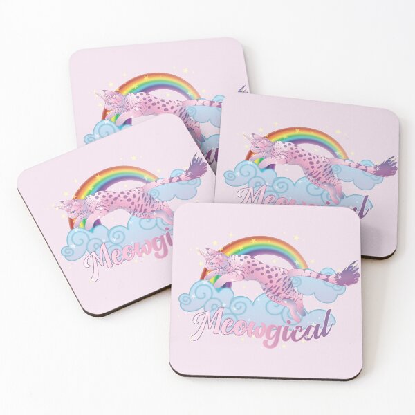 Item preview, Meowgical Pink Cat Unicorn jumping from rainbow clouds designed and sold by DoodleTrees.