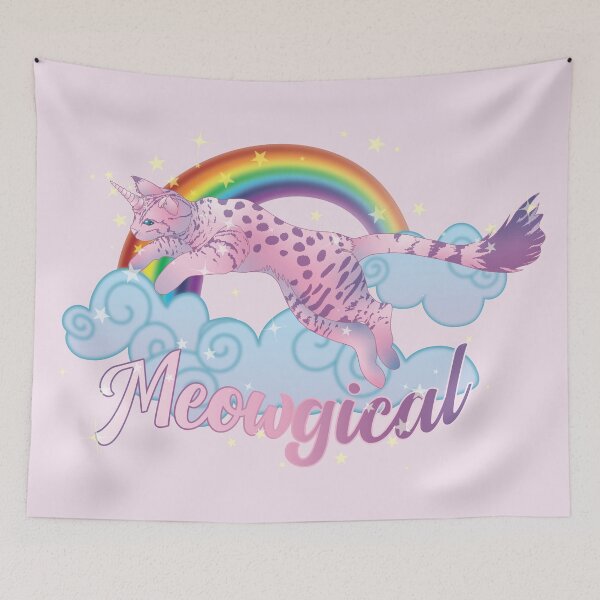 Item preview, Meowgical Pink Cat Unicorn jumping from rainbow clouds designed and sold by DoodleTrees.