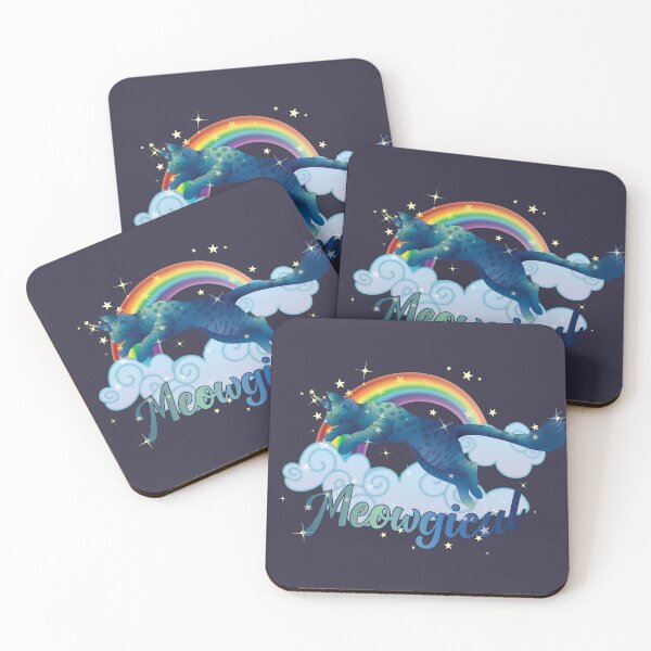 Item preview, Meowgical Blue Cat Unicorn jumping from rainbow clouds designed and sold by DoodleTrees.