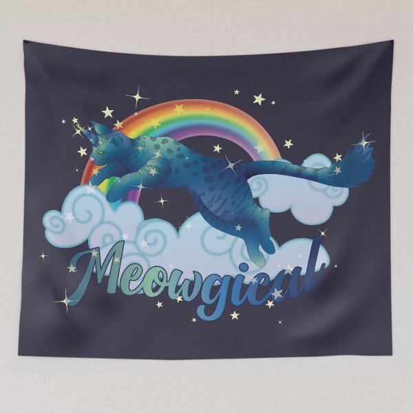 Item preview, Meowgical Blue Cat Unicorn jumping from rainbow clouds designed and sold by DoodleTrees.