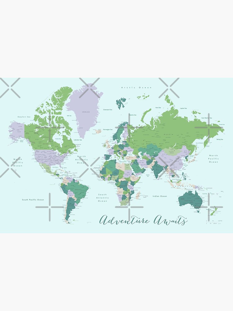 adventure awaits world map in green purple metal print by blursbyai