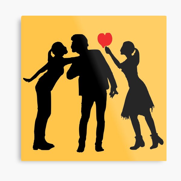 Polyamory: three people in love on yellow Metal Print