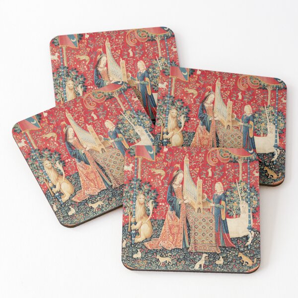 UNICORN AND LADY PLAYING ORGAN WITH ANIMALS , Hearing Coasters (Set of 4)