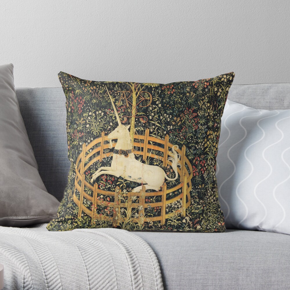 UNICORN AND GOTHIC FANTASY FLOWERS, GREEN FLORAL MOTIFS Throw Pillow