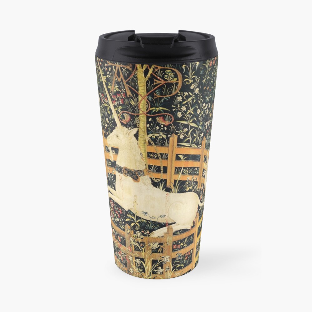UNICORN AND GOTHIC FANTASY FLOWERS, GREEN FLORAL MOTIFS Travel Mug