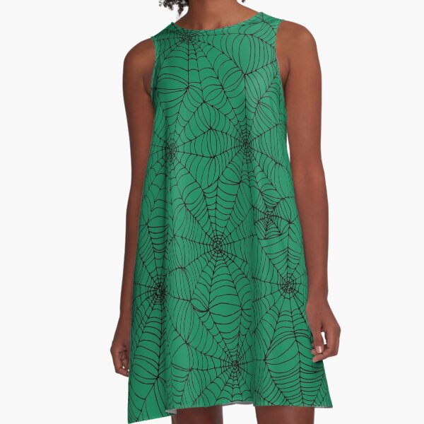 Spider Web Pattern - Black on Green - Spiderweb pattern by Cecca Designs A-Line Dress
