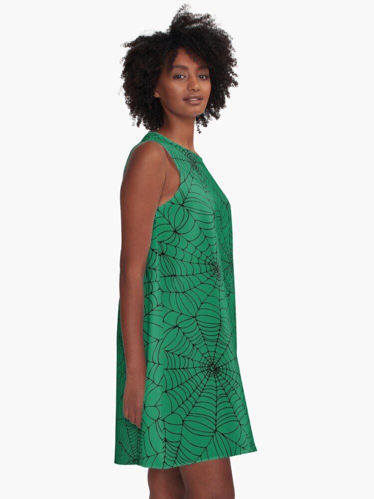 Alternate view of Spider Web Pattern - Black on Green - Spiderweb pattern by Cecca Designs A-Line Dress