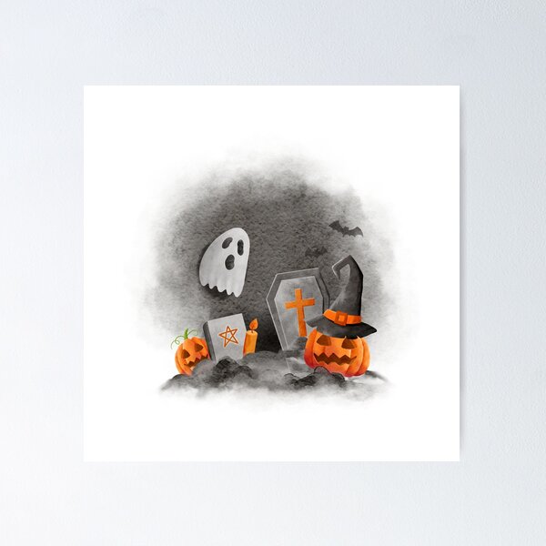 Item preview, cemetery drawing with ghost, bat, grave and candle designed and sold by JAG2B.