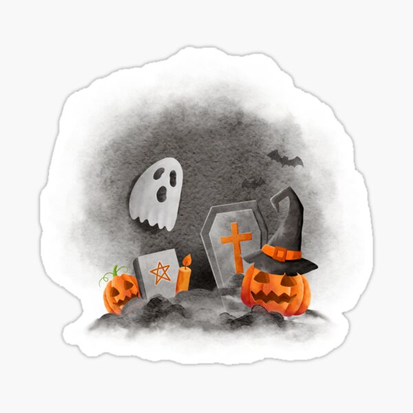 Item preview, cemetery drawing with ghost, bat, grave and candle designed and sold by JAG2B.
