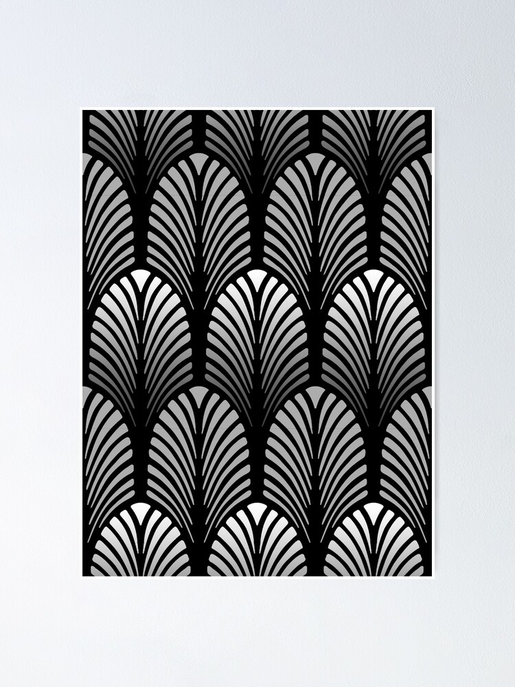 Motif plume Art D co Gris argent et noir Poster