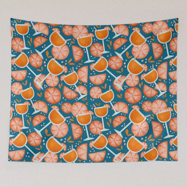 Item preview, Spritz cocktail pattern with oranges in dark blue designed and sold by Lenecreates.