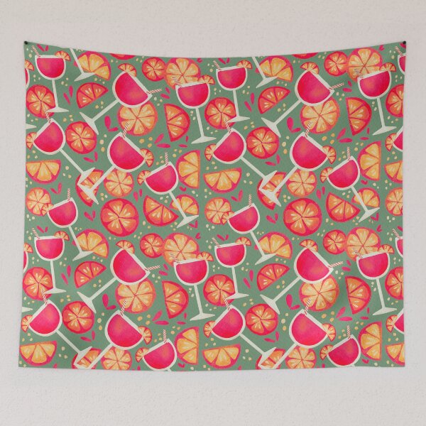 Item preview, Pink cocktail pattern with oranges and grapefruit in green designed and sold by Lenecreates.