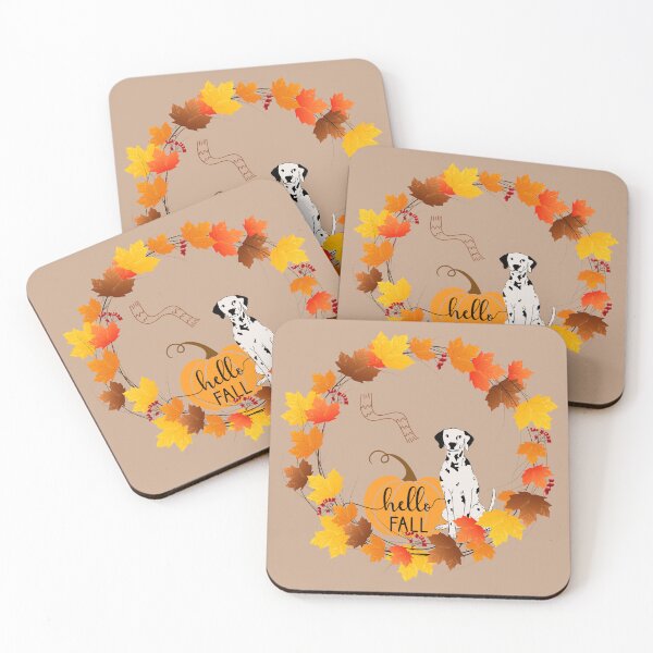 Item preview, Dalmatian Dog with Autumn Leaf Circle, Pumpkin and Hello Fall Sign designed and sold by SeasonalDogs.