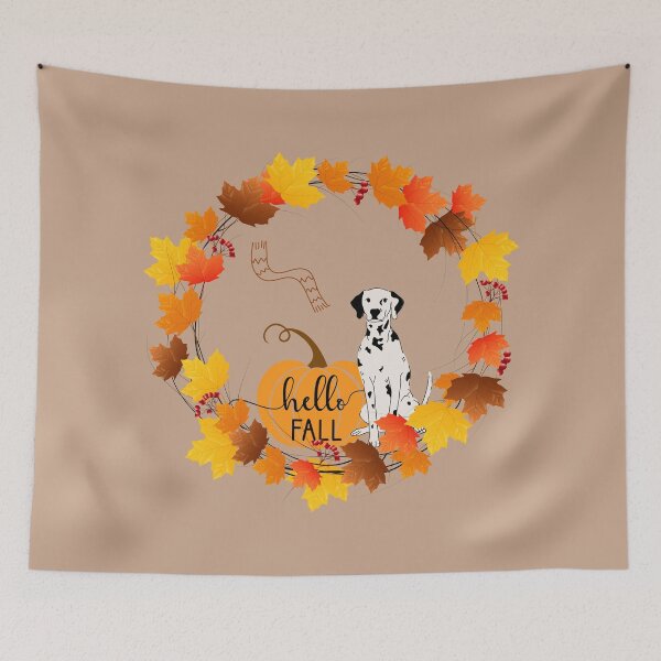Item preview, Dalmatian Dog with Autumn Leaf Circle, Pumpkin and Hello Fall Sign designed and sold by SeasonalDogs.