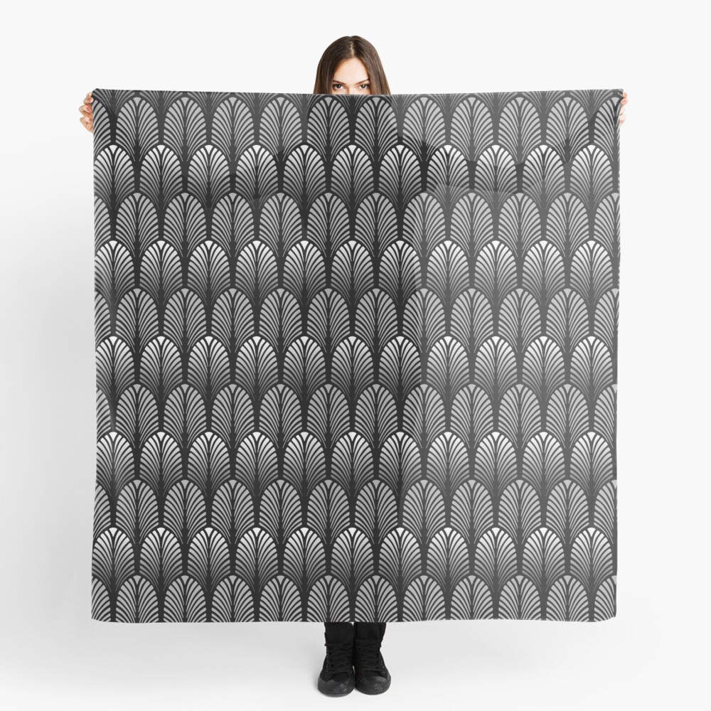 Art Deco Feather Pattern, Silver Gray and Black Scarf