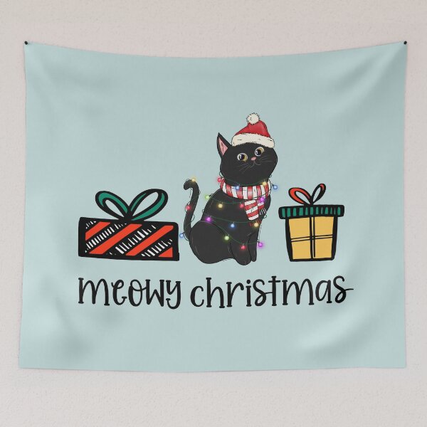 Item preview, meowy Christmas with black cat, lights and presents from santa designed and sold by ninjapineapple.