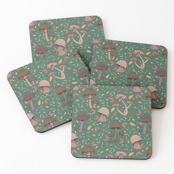 Item preview, Autumnal Mushroom and Leaf Pattern Deep Forest Green designed and sold by Shymoon-Art.