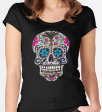 Pailletten Zuckerschädel Tailliertes Rundhals-Shirt