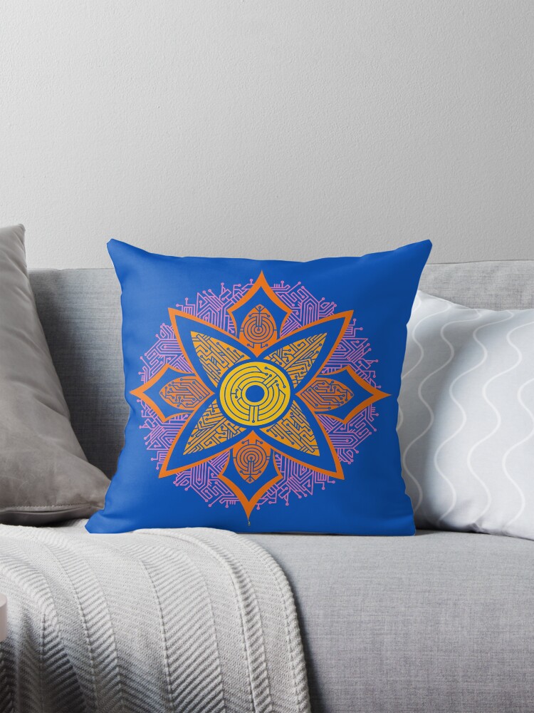 Thumbnail 1 of 4, Pillow, Circuitry Mandala (yellow/orange/pink) designed and sold by TheRandomFactor.