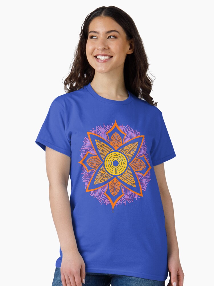 Thumbnail 2 of 7, Classic T-Shirt, Circuitry Mandala (yellow/orange/pink) designed and sold by TheRandomFactor.