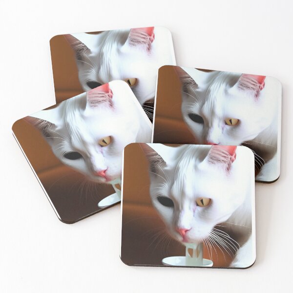 Item preview, White cat drinking milk designed and sold by David-Howells.