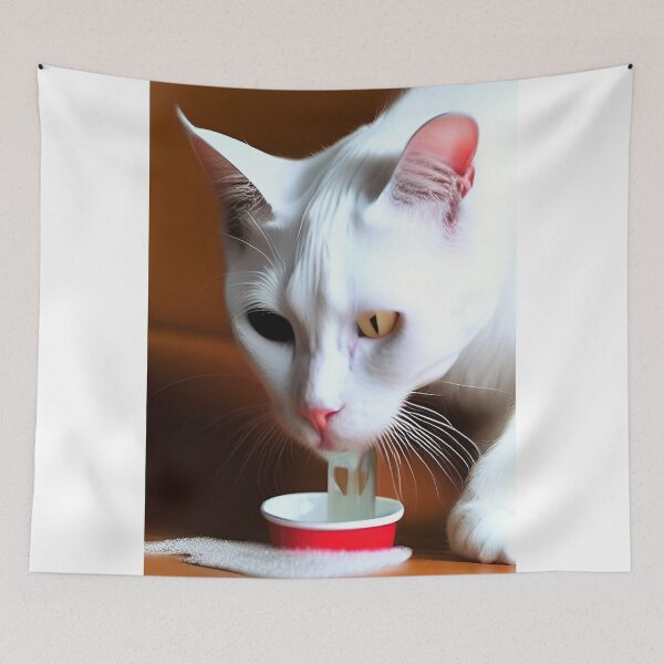 Item preview, White cat drinking milk designed and sold by David-Howells.