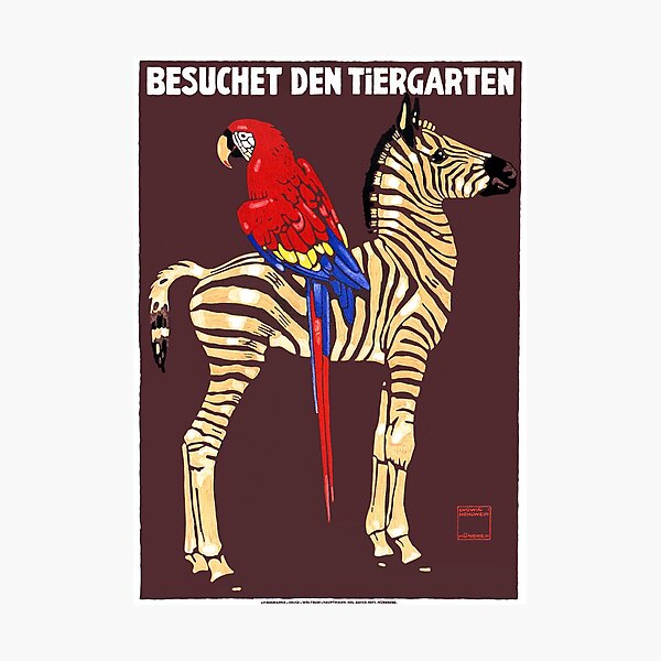 Item preview, 1912 Ludwig Hohlwein Visit The Zoo Zebra Macaw Poster designed and sold by retrographics.