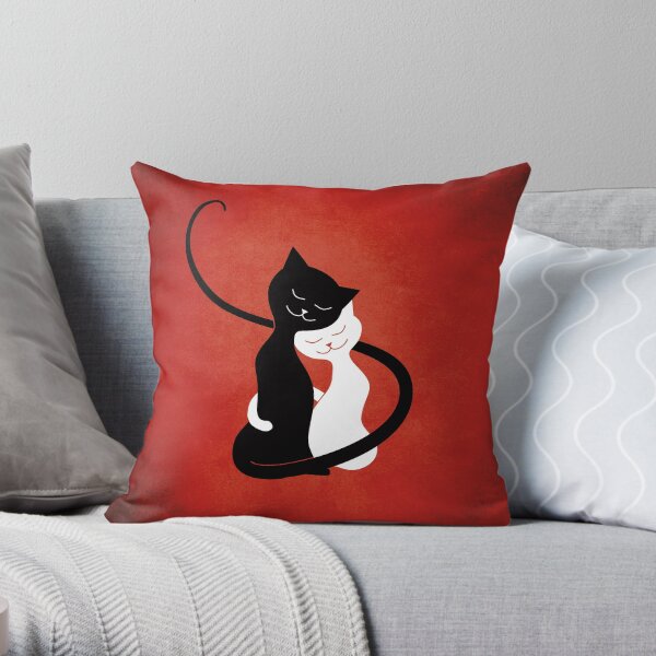 Cats In Love - Black And White Kitty Hug On Red Throw Pillow