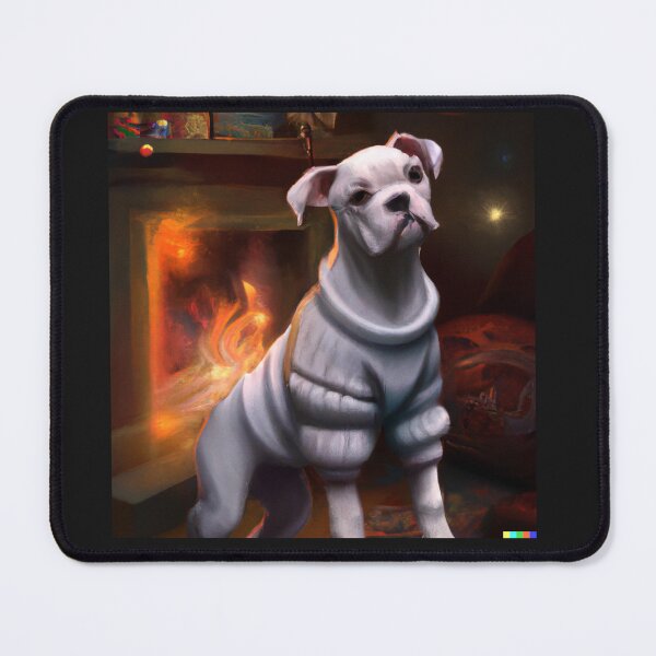 Item preview, Adorable White Boxer Dog in Sweater Enjoying a fire designed and sold by DiatomDesigns.