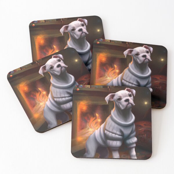 Item preview, Adorable White Boxer Dog in Sweater Enjoying a fire designed and sold by DiatomDesigns.