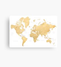 Lienzo Mapa mundial de oro con países y estados etiquetados