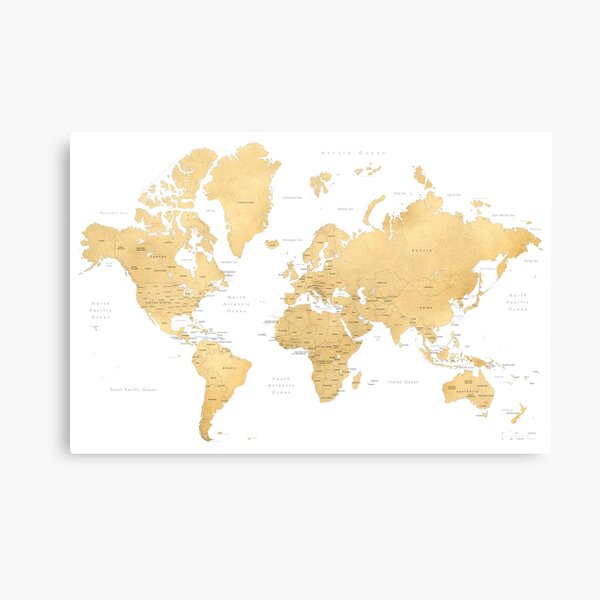 Gold world map with countries and states labelled Canvas Print