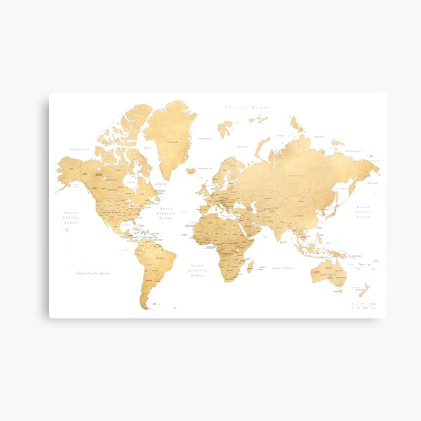 Gold world map with countries and states labelled Metal Print