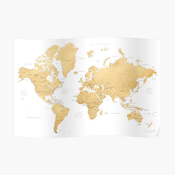 Yellow world map with countries and states labelled Poster