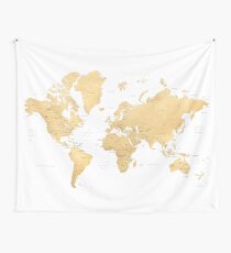 Gold world map with countries and states labelled Wall Tapestry