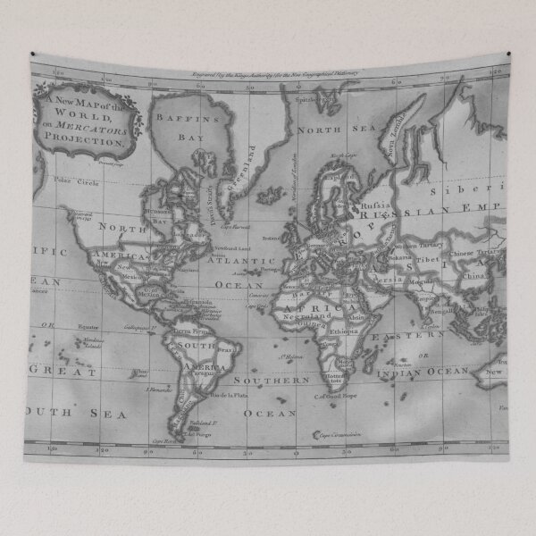 Item preview, Black and White World Map (1766) designed and sold by BravuraMedia.