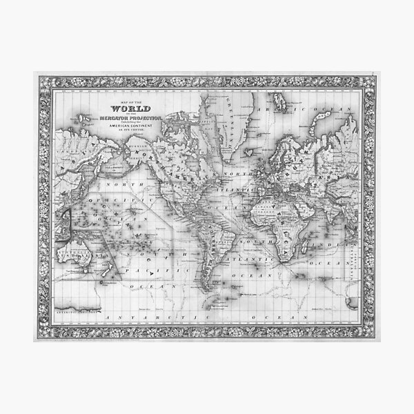 Item preview, Black and White World Map (1864) designed and sold by BravuraMedia.