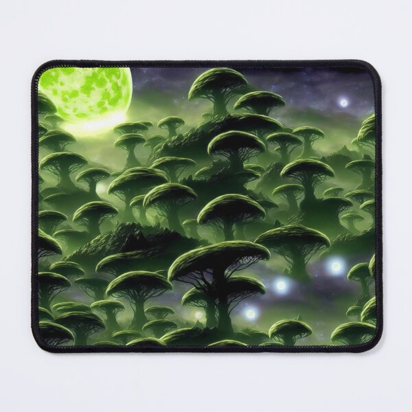 Item preview, Alien landscape with a huge green moon and small moons and strange forest and glowing orbs I designed and sold by BrachiaST.
