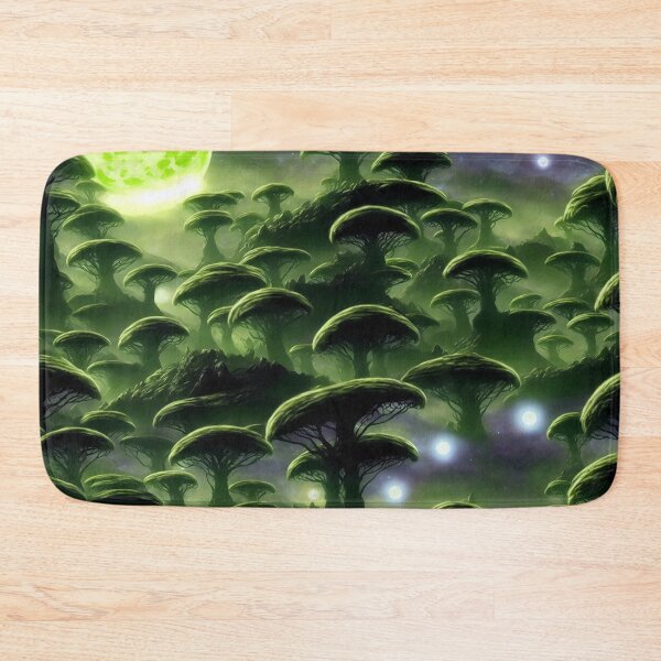 Item preview, Alien landscape with a huge green moon and small moons and strange forest and glowing orbs I designed and sold by BrachiaST.