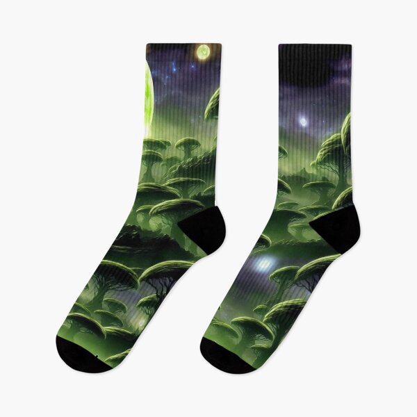 Item preview, Alien landscape with a huge green moon and small moons and strange forest and glowing orbs I designed and sold by BrachiaST.