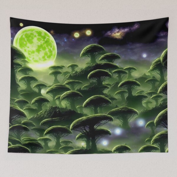 Item preview, Alien landscape with a huge green moon and small moons and strange forest and glowing orbs I designed and sold by BrachiaST.