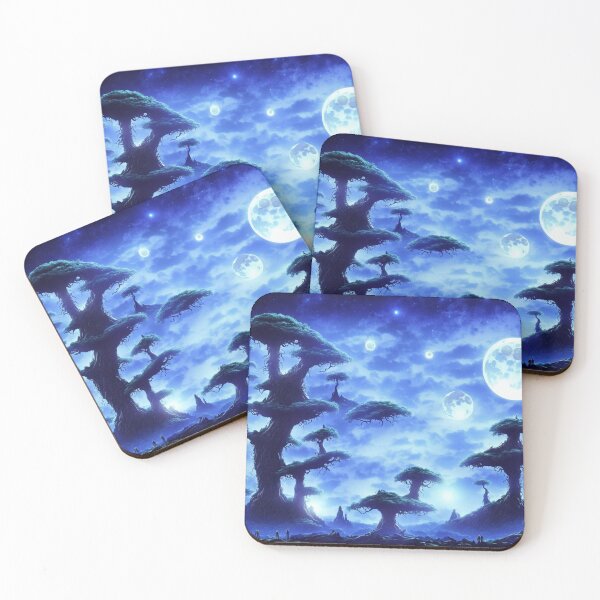 Item preview, Blue alien landscape with several moons, starry sky and floating trees designed and sold by BrachiaST.