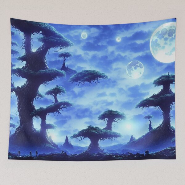 Item preview, Blue alien landscape with several moons, starry sky and floating trees designed and sold by BrachiaST.