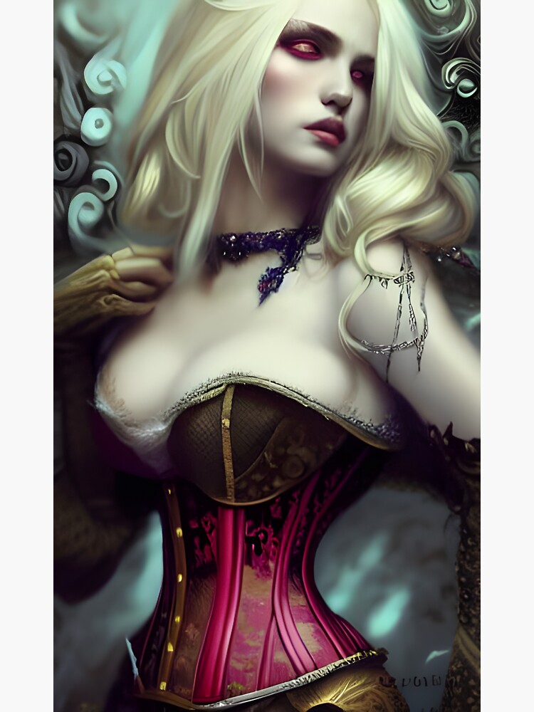 Sexy Blonde Vampire in red corset Seductress Dark Beautiful Artwork |  Sticker